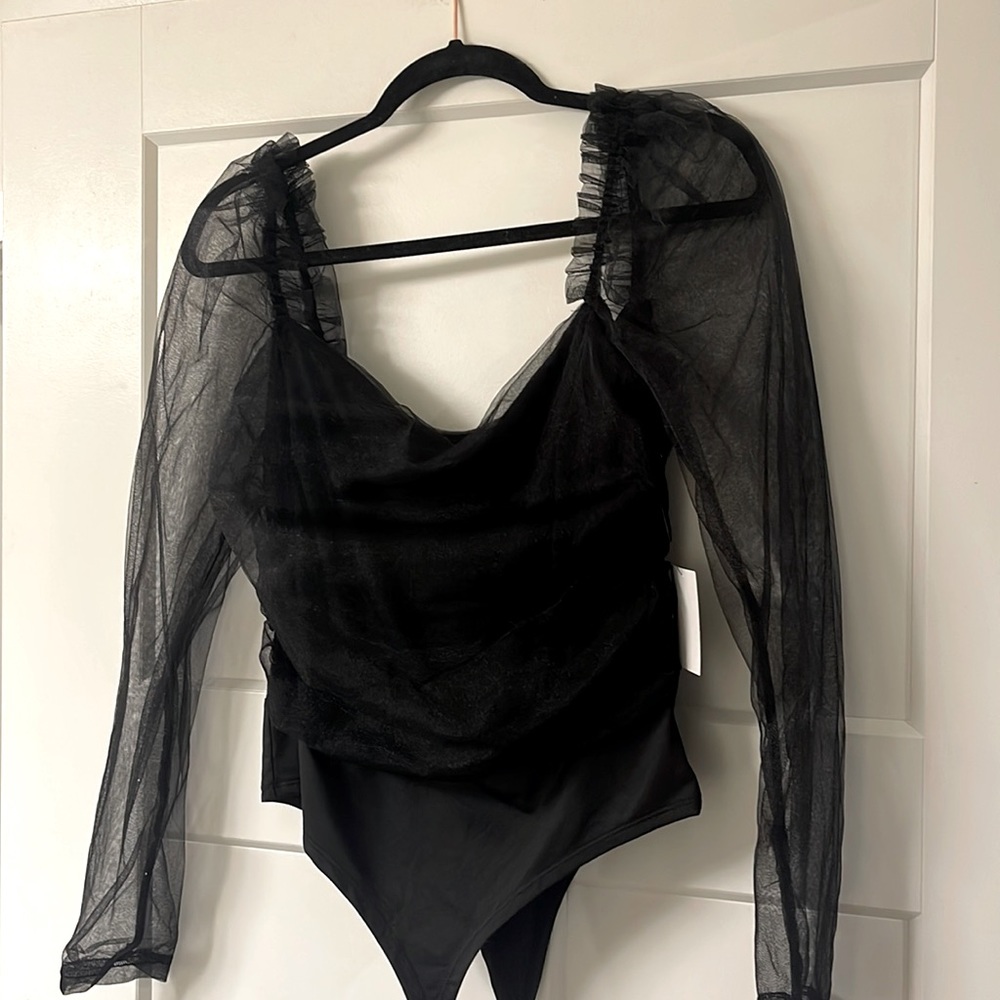 Lulus New Black Sheer Sleeved Bodysuit